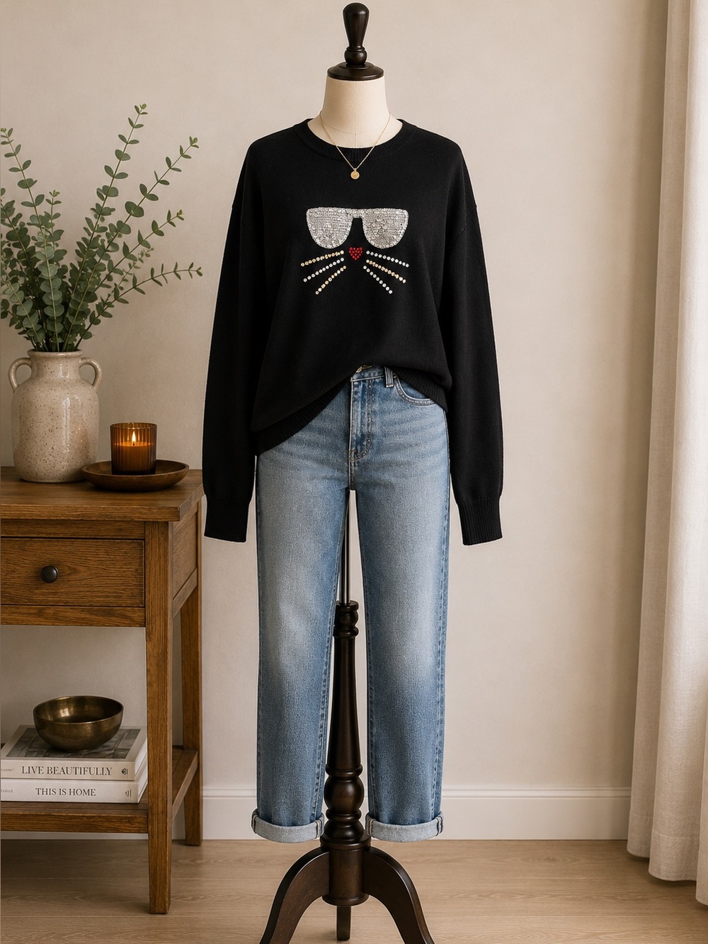 Playful Luxury Karl Lagerfeld Paris Choupette Cat Embellished Sequin Sweater